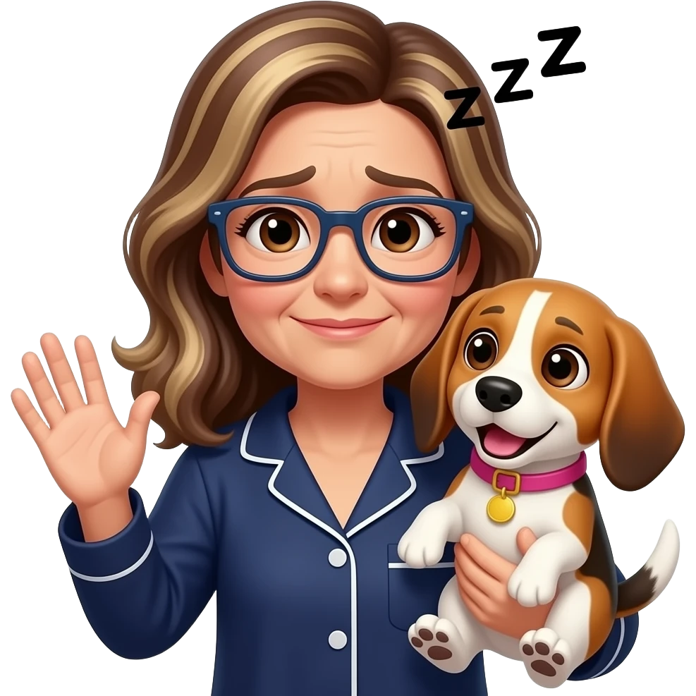 50-year-old tired woman with dark brown eyes,  long brown balayage hair, parted on the left, with pale skin, with dark navy rectangular glasses, holding a beagle that looks happy. She is wearing a navy pajamas. The beagle has a pink collar. The woman is waving goodbye. There are Zzz above her head emoji