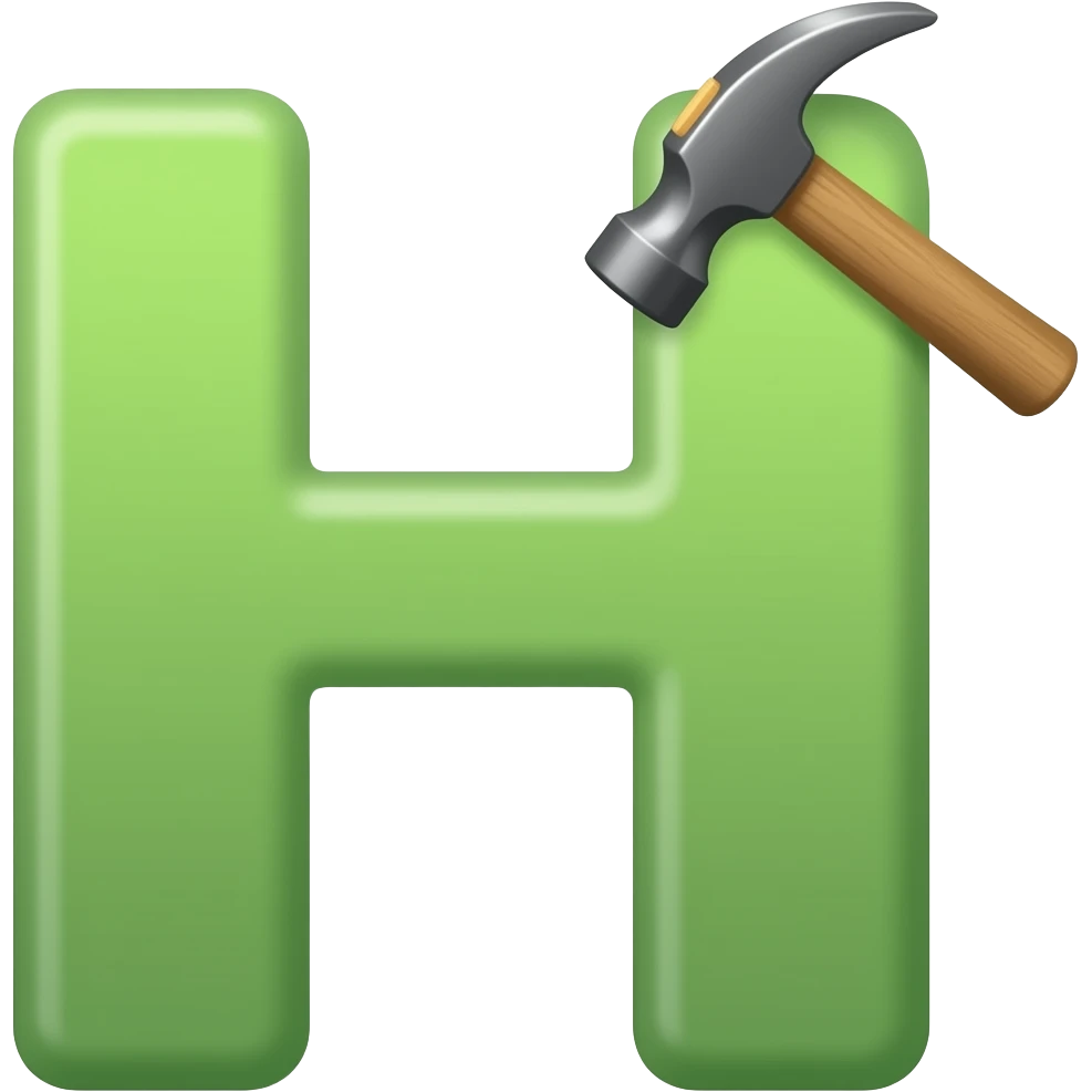 a medium green letter H having a small hammer on its top right corner. emoji