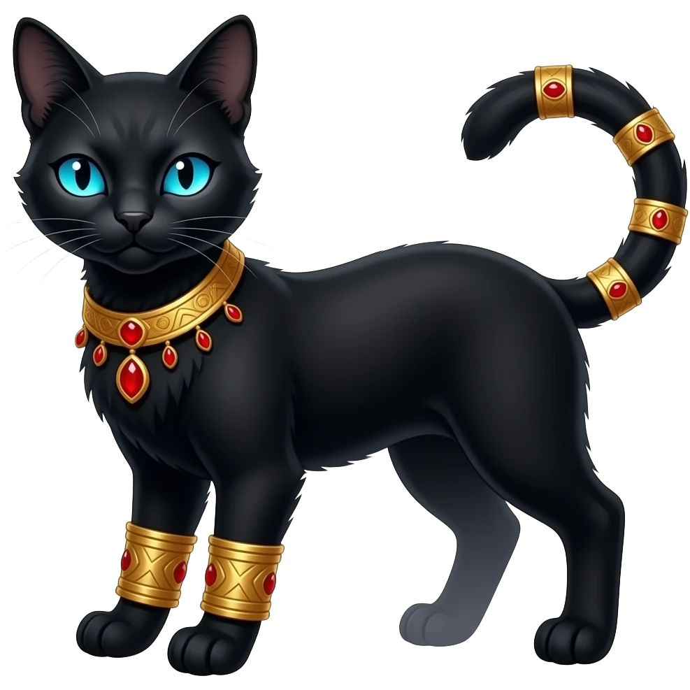 realistic furry fuzzy Black godly overpowered ethereal majestic oriental ancient Lykoi-Caracal-Cat-Fakemon. With gold bangles, red rubies, blue eye eyeshadow emoji