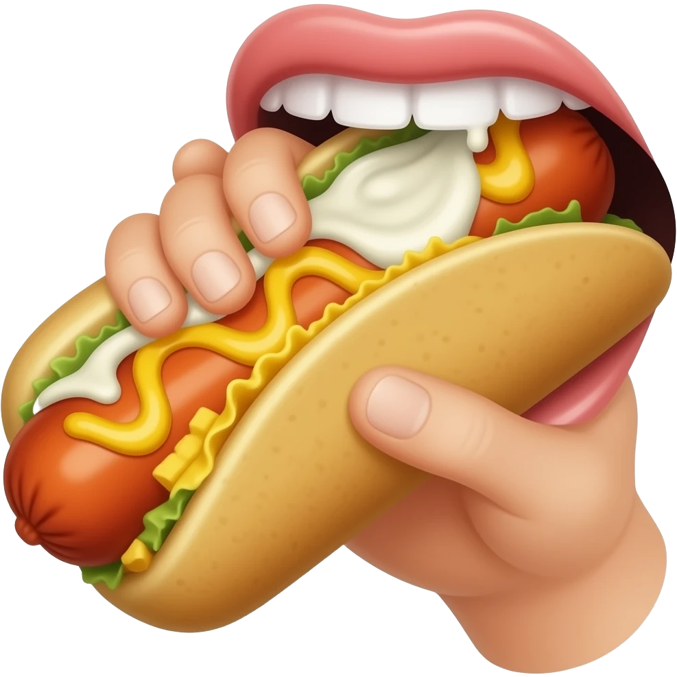 Create an emoji of a hotdog in a mouth (without the bun) in a hard taco shell (instead of the bun) with sour cream sauce dripping out of a mouth. It’s for a menu I’m creating emoji