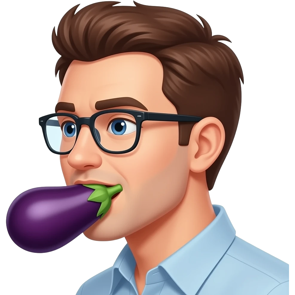 Brown hair guy with glasses with eggplant in mouth side profile emoji