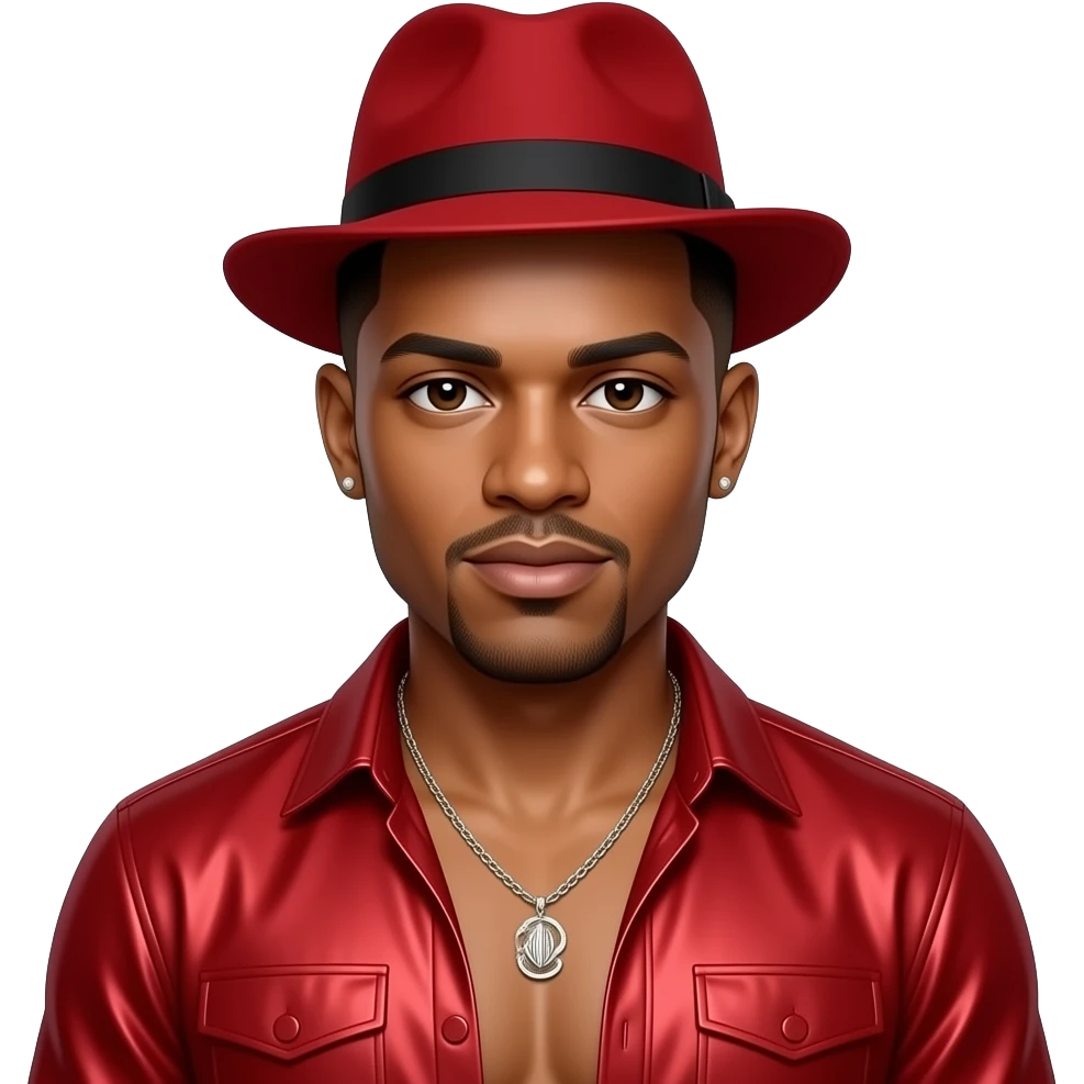 Bobby Brown from New Edition with dark brown eyes, short black fade hair, red hat, red metallic open shirt, shirtless with necklace and earrings emoji