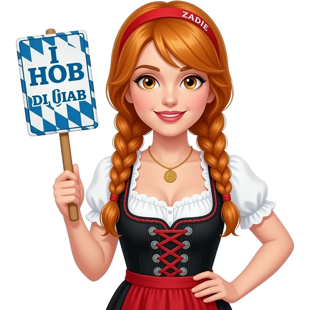 sexy girl with overlong ginger braids and ginger eyes wearing a black red dirndl and a red headband with ZADIE written on it, is holding a bavarian sign with I HOB DI LIAB written on it emoji