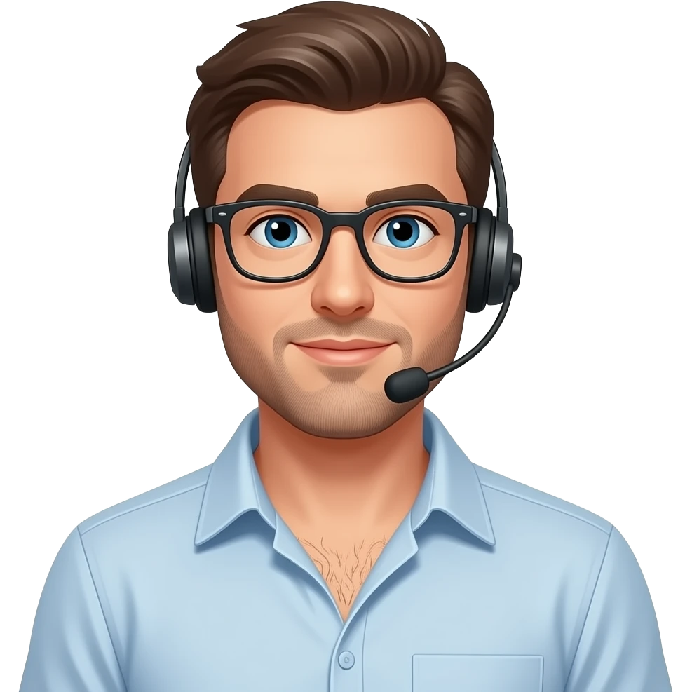 Portrait von einem typischen männlichen Büromann, mit offen Hemd und behaarter Brust. Er hat ein headset um den Kopf und eine Brille auf. emoji