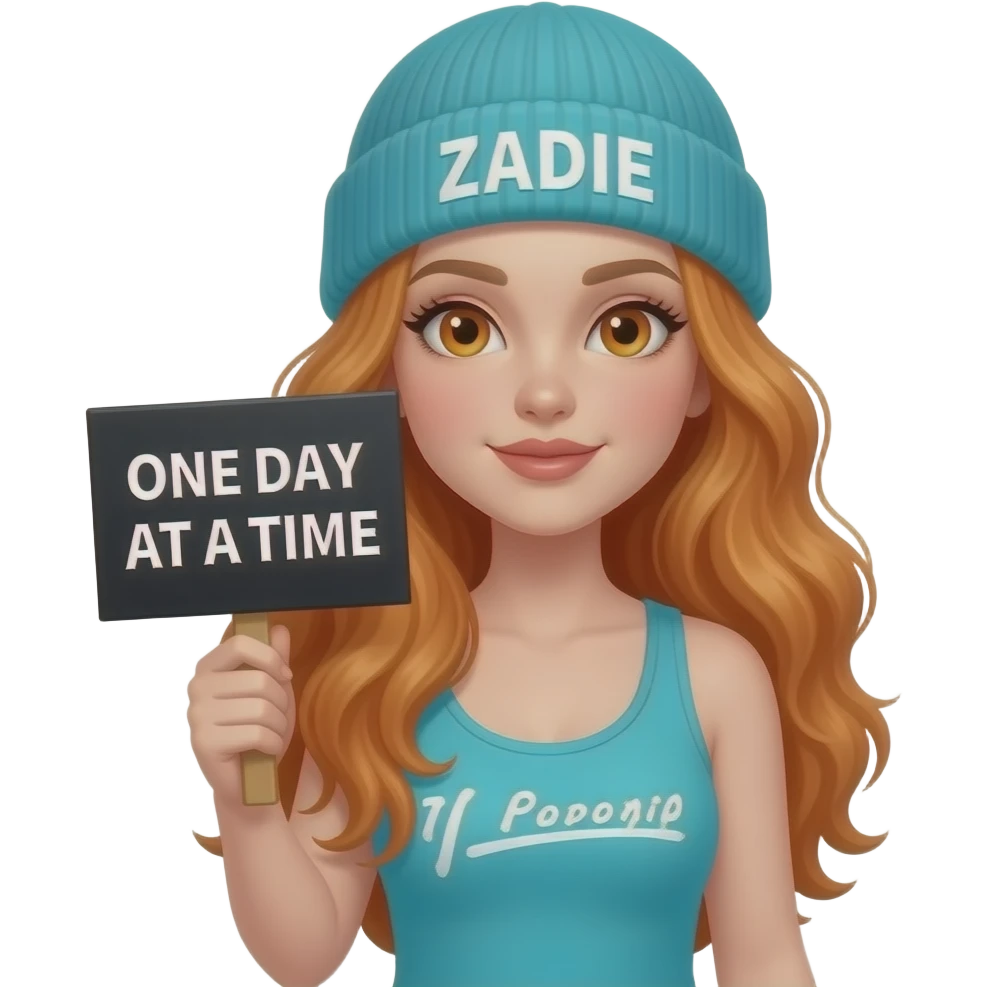 sexy girl with overlong wavy ginger hair and ginger eyes wearing a turquoise tanktop and a turquoise beanie with ZADIE written on it, is holding a black sign with ONE DAY AT A TIME written on it emoji