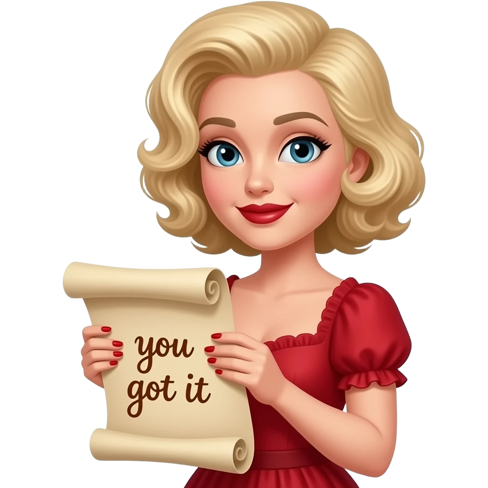 Short curly blond hair side swept Holding an open scroll saying you got it with red nail polish, brown lipstick and red vintage dress emoji