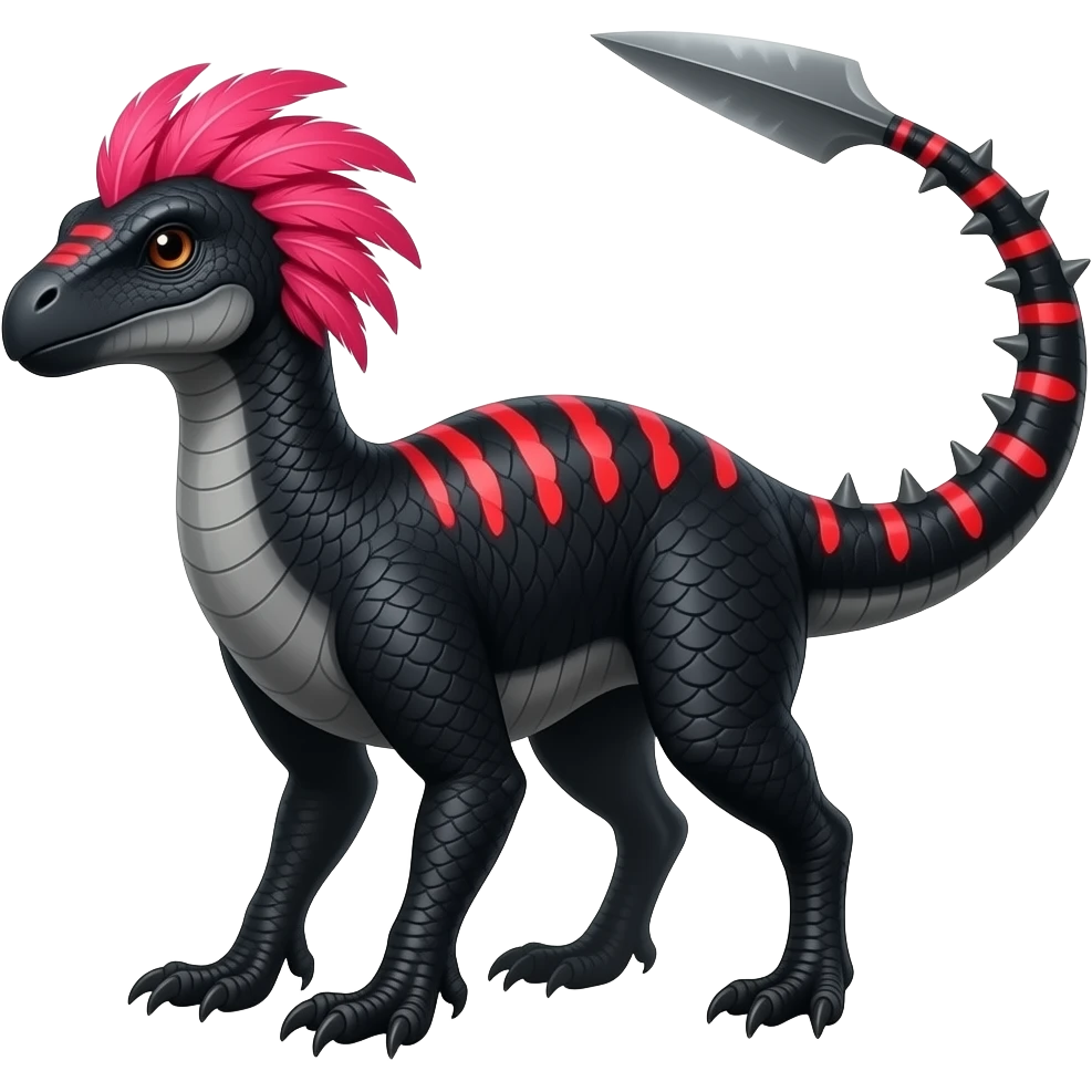 Cool edgy ancient black-scaled with neon-red stripe markings digitigrade bipedal vintage futuristic raptorik fantasy-Cyberpunk-Steampunk-Solarpunk-Genesect-Salamence-Cyclizar-Salazzle-Feraligatr-Fakémon-animal-hybrid, with neon feather-mane, and a tail blade, back spikes, full body emoji