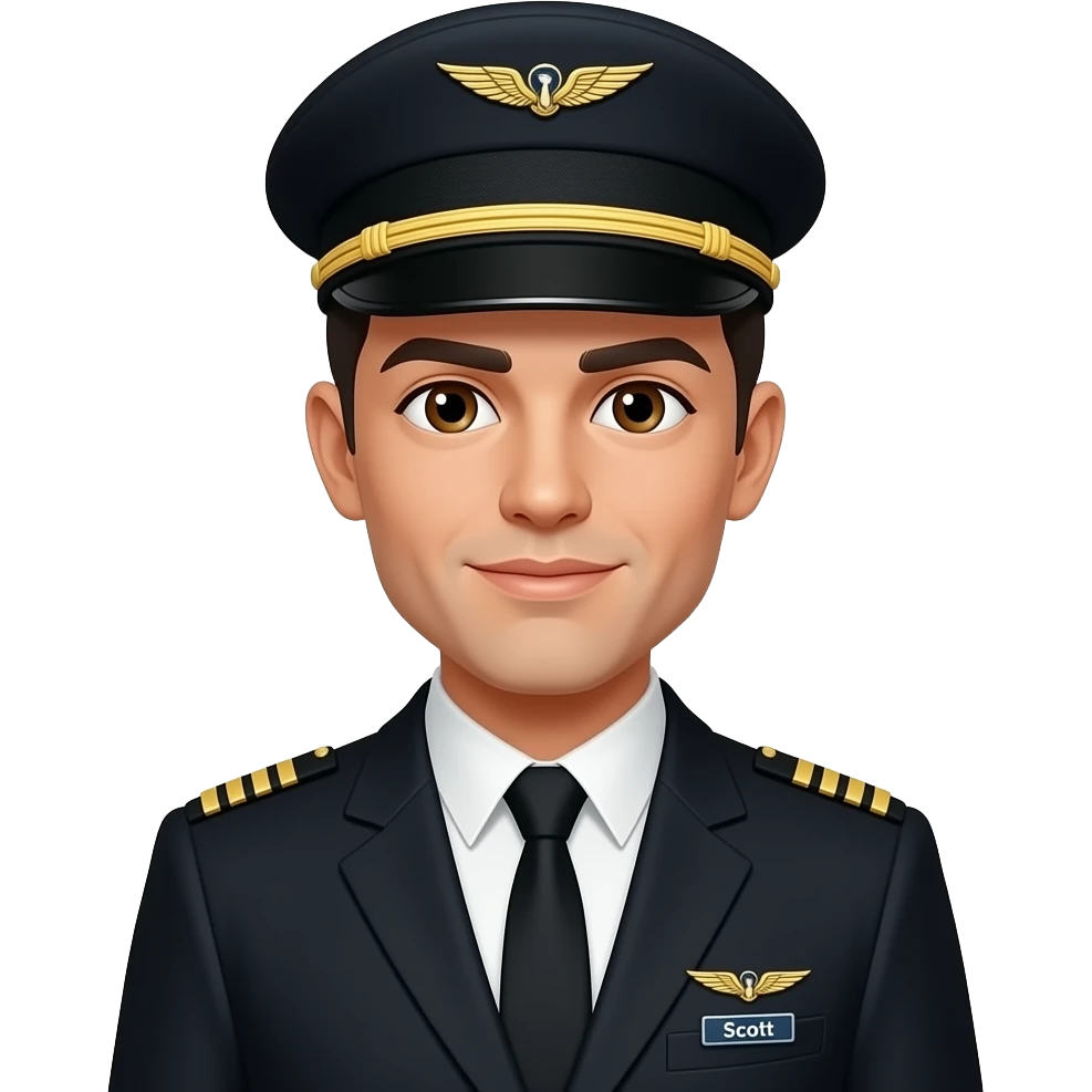 Male entire Full Body Pilot w blazer Black hair white skin brown eyes with hat and name badge under wing badge “Scott”f emoji