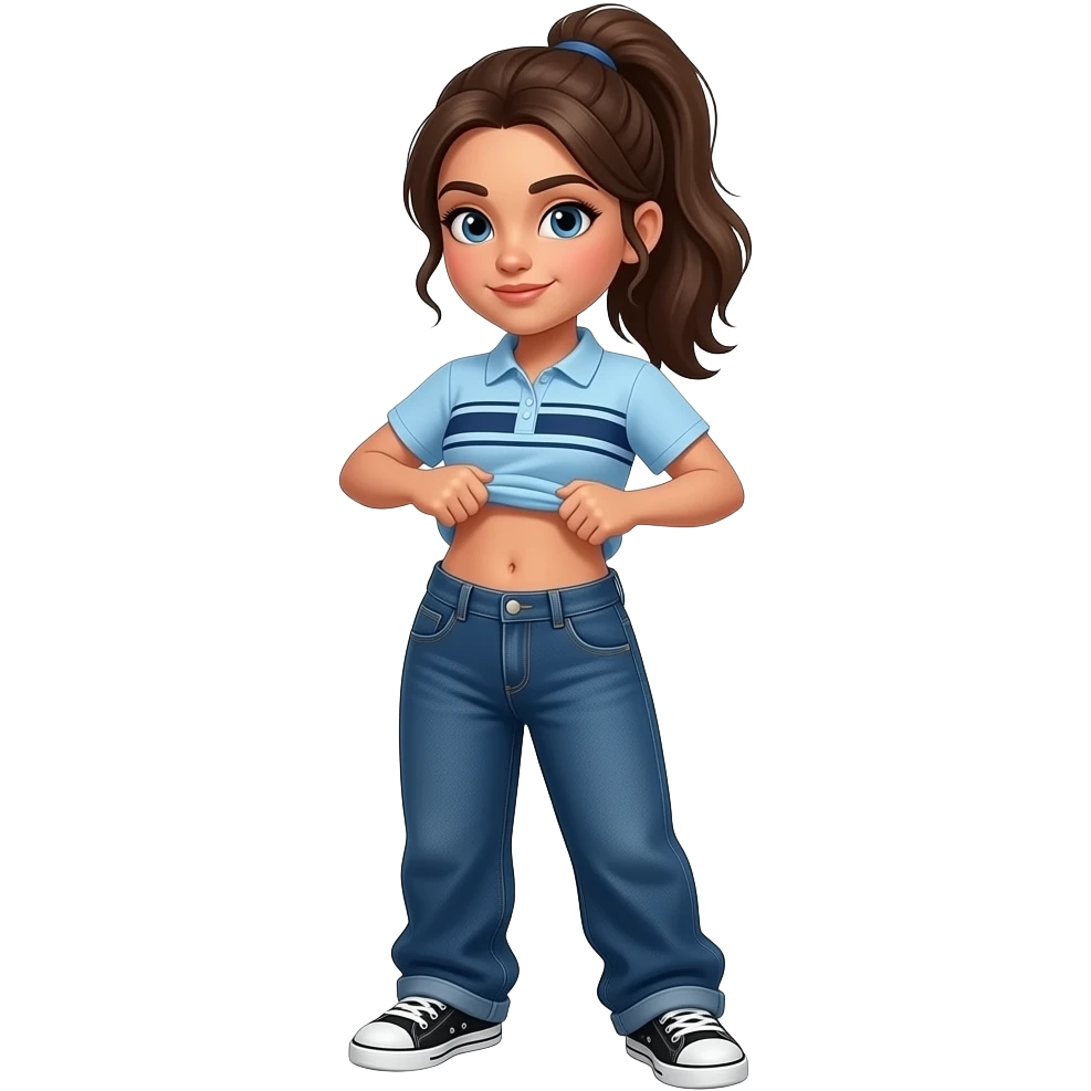 17 year old hispanic woman with brown ponytail and blue eyes light blue dark blue lined polo and dark blue baggy jeans and belly button and black and white sneakers lifting her shirt funny belly emoji