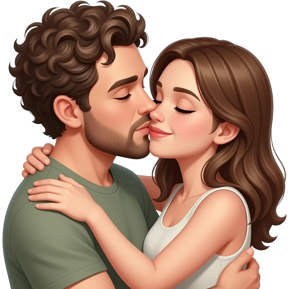 Realistic white skin man super short curly brown hair with beard kissing passionately and hugging realistic white girl brown hair emoji