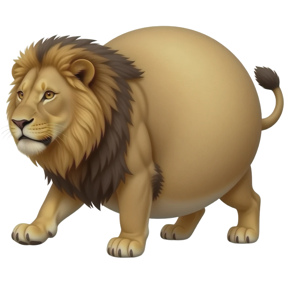 A reality lioness,trying to walk normally,but her huge overstuffed tummy rolls side to side,the lioness ate way too much,she became so fat,she has the biggest pot belly. emoji