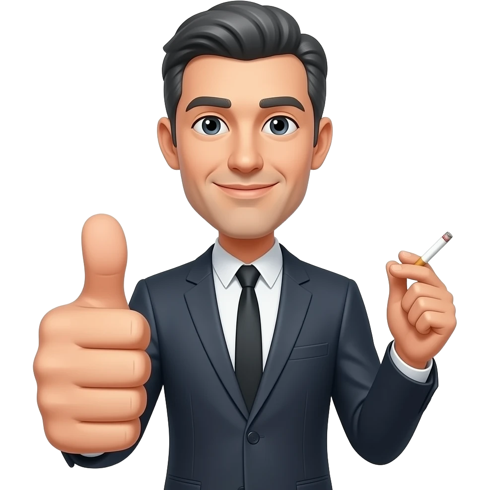 a tall skinny man with dark grey hair, holding his thumb up in one hand and holding a cigarette in another emoji