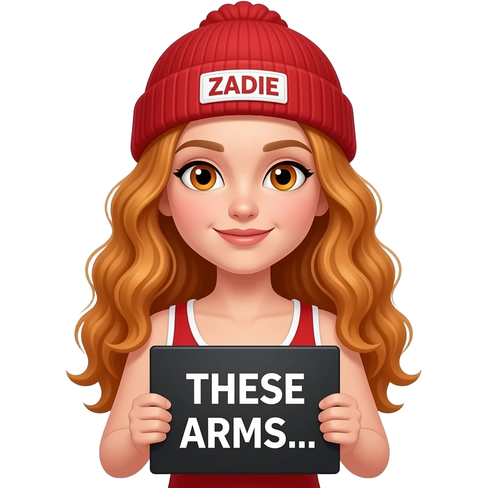 sexy girl with overlong wavy ginger hair and ginger eyes wearing a red tanktop and a red beanie with ZADIE written on it, is holding a black sign with THESE ARMS... written on it emoji