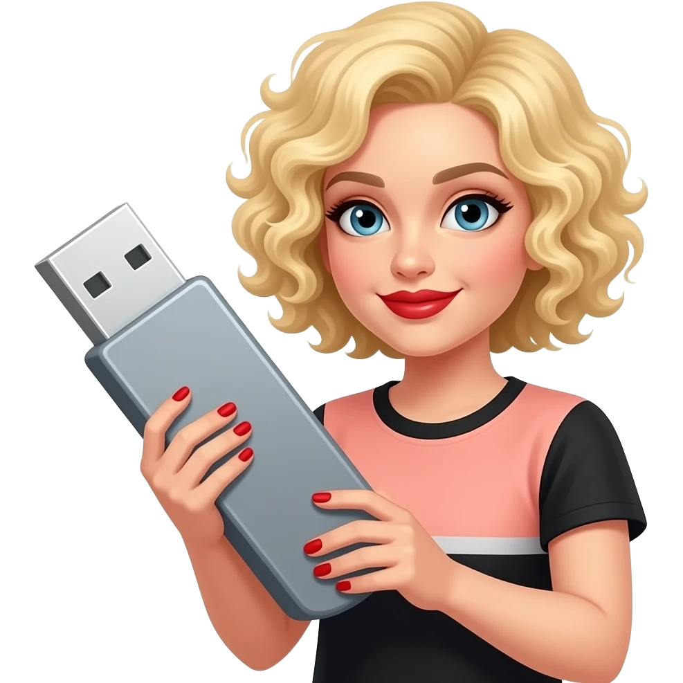 Short blonde curly spiral hair with red lipstick, holding a massive USB with red fingernails, peach and black short sleeve shirt emoji