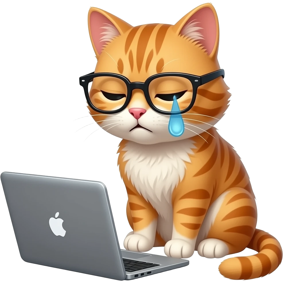 extremely exhausting cat looking at the laptop with the glasses emoji