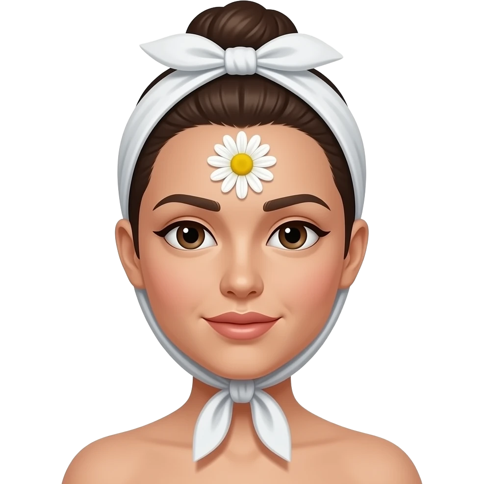 el clavel encima de la frente. El pelo recogido en un moño. Solo se ve el pañuelo blanco rodeando la cabeza y con el nudo en el mentón emoji
