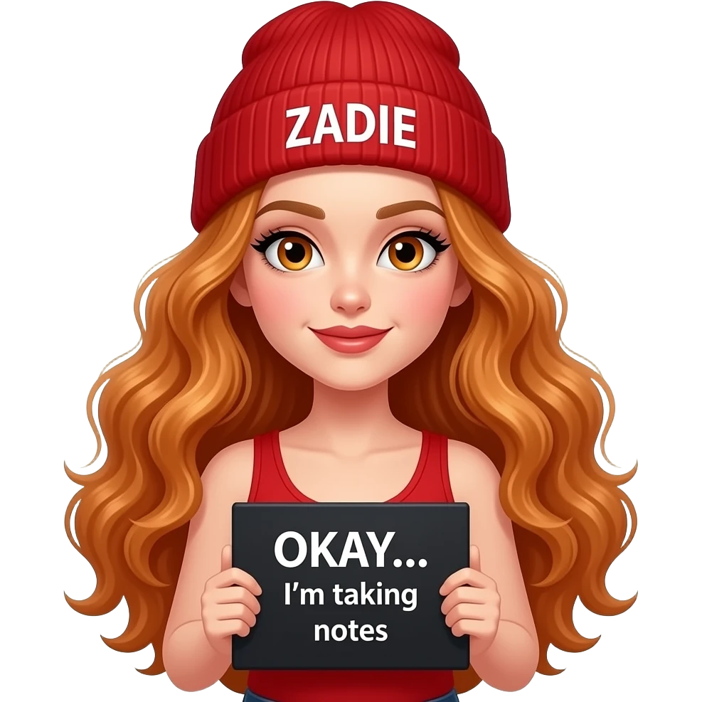 sexy girl with overlong wavy ginger hair and ginger eyes wearing a red tanktop and a red beanie with ZADIE written on it, is holding a black sign with OKAY... I'm taking notes written on it emoji