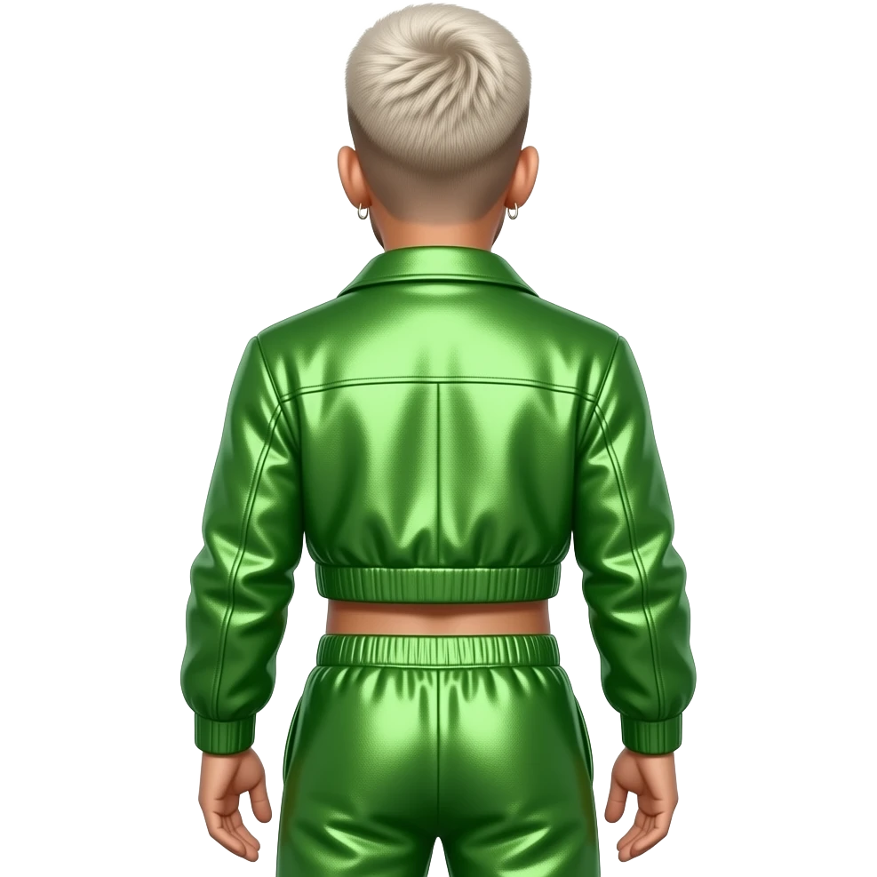 J. Balvin from behind with platinum blonde buzz cut hair, lime green metallic jacket crop top, lime green metallic baggy joggers emoji