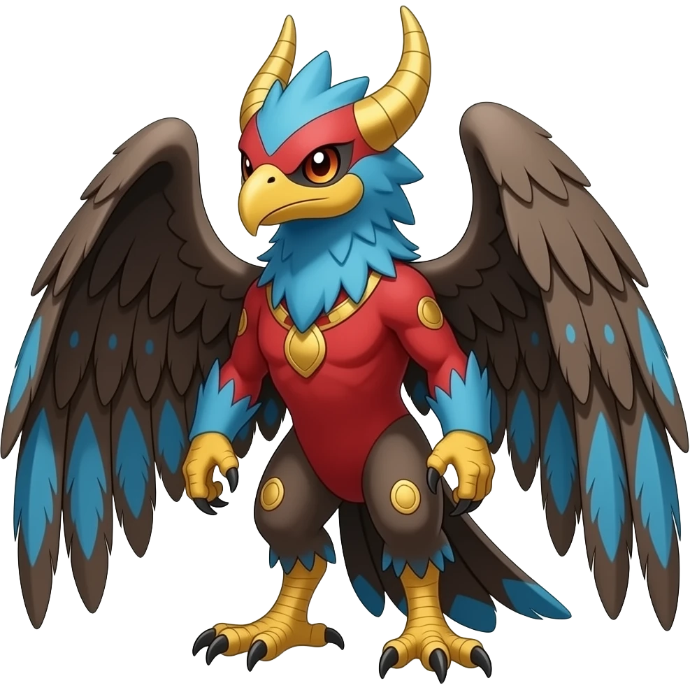 Red and blue and golden-bridled and dark brown feathery tribal beautiful gorgeous attractive pretty Raptorik scaley feathery horned Amaura-Wargreymon-Aurorus-ExVeemon-WereGarurumon-Pokémon-Fakémon-hybrid-fusion-creature, full body emoji