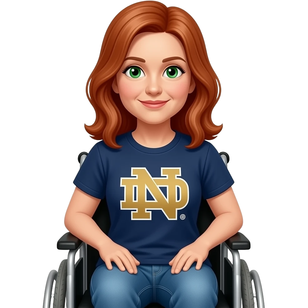 older female shoulder length red hair green eyes wheelchair jeans Notre dame t-shirt emoji