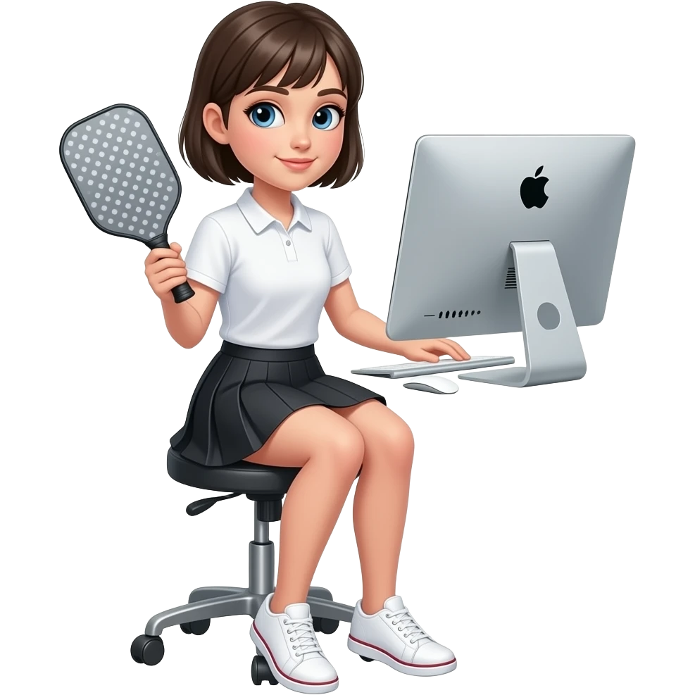 short haired blue eyes girl working on apple mac, sitting on high rotating chair,holding pickleball gray paddle white polo shirt, black skirt, white snickers emoji