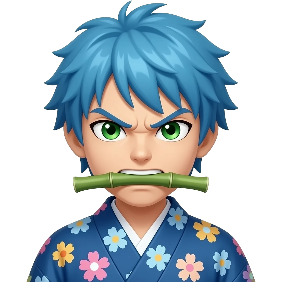 Que se parezca a Nezuco Demon Slayer pero con los ojos verdes el pelo azul y el bambú grueso en la boca el kimono azul y flores color pastel enojada emoji