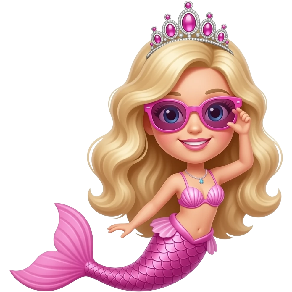 barbie merliah wearing a pink sunglasses a pink mermaid tail a pink Seashell bikini and a pink tiara emoji