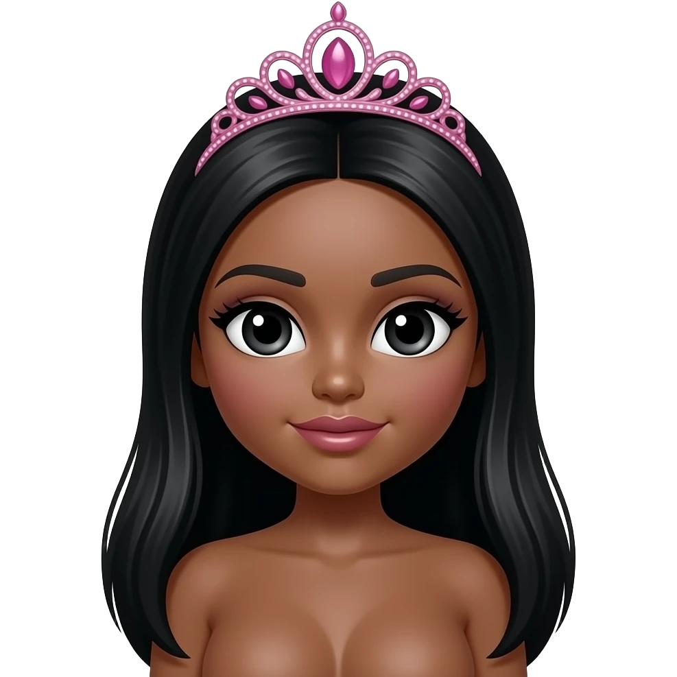 pink tiara, doll eyes, Doll, big chest, dark brown skin, with middle part long black hair, black cute eyes, with cute lip, without no bra emoji