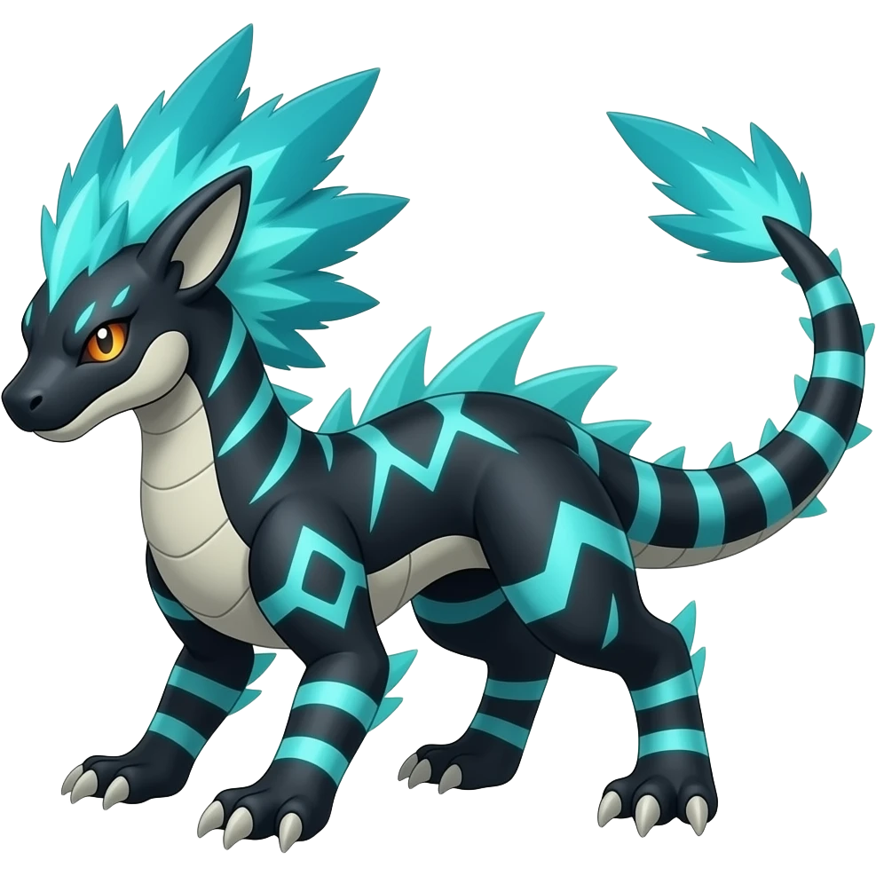 Cool edgy fiery black-scaled with neon-cyan stripe markings digitigrade bipedal vintage futuristic raptorik fantasy-Cyberpunk-Steampunk-Solarpunk-Genesect-Salamence-Cyclizar-Salazzle-Feraligatr-Fakémon-animal-hybrid, with neon feather-mane, and a tail blade, back spikes, full body emoji