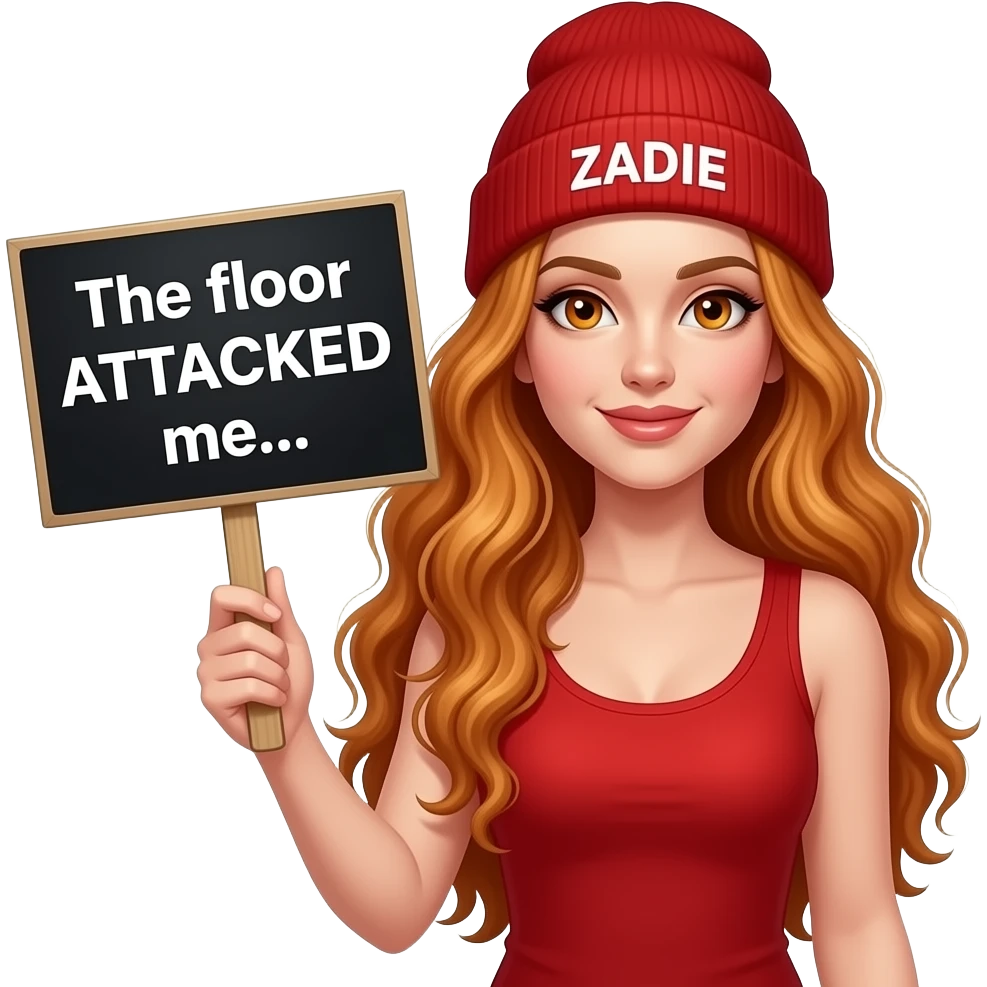 sexy girl with overlong wavy ginger hair and ginger eyes wearing a red tanktop and a red beanie with ZADIE written on it, is holding a black sign with The floor ATTACKED me... written on it emoji
