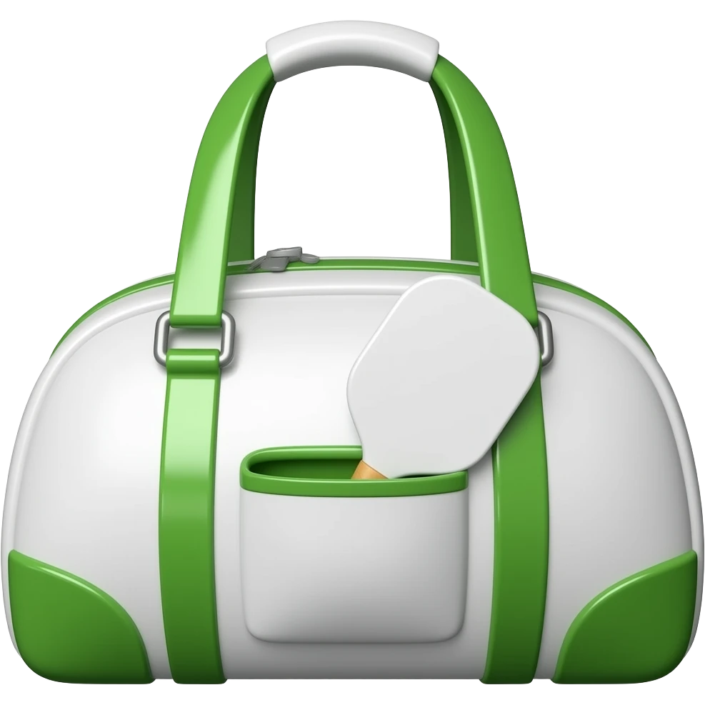 Apple iOS style white sports bag emoji, glossy 3D duffel bag with visible front paddle pocket holding a pickleball paddle, green accent details and piping, minimal luxury design, front-facing, smooth shading, ultra detailed, clean background, premium iOS emoji aesthetic emoji