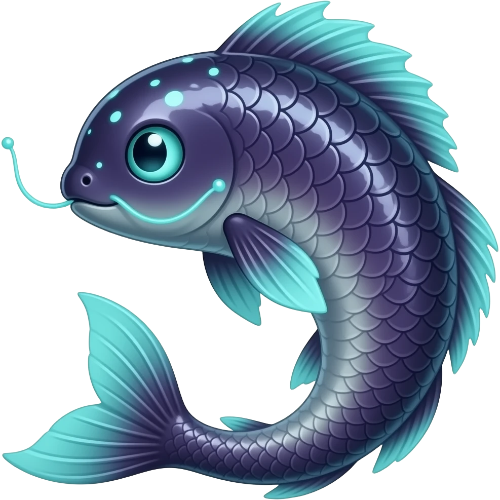 Long-bodied tall scaly slim smooth shiny glossy mature bioluminescent oil-dark, purplish, neon-cyan-accented, fishy finned, abyss-fantasy-Lykoi-Bambino-Vaporeon-Umbreon-Civet-Fakémon-fusion, with thin neon-glowing bulb-whiskers, koi-piebald-flecked full body emoji