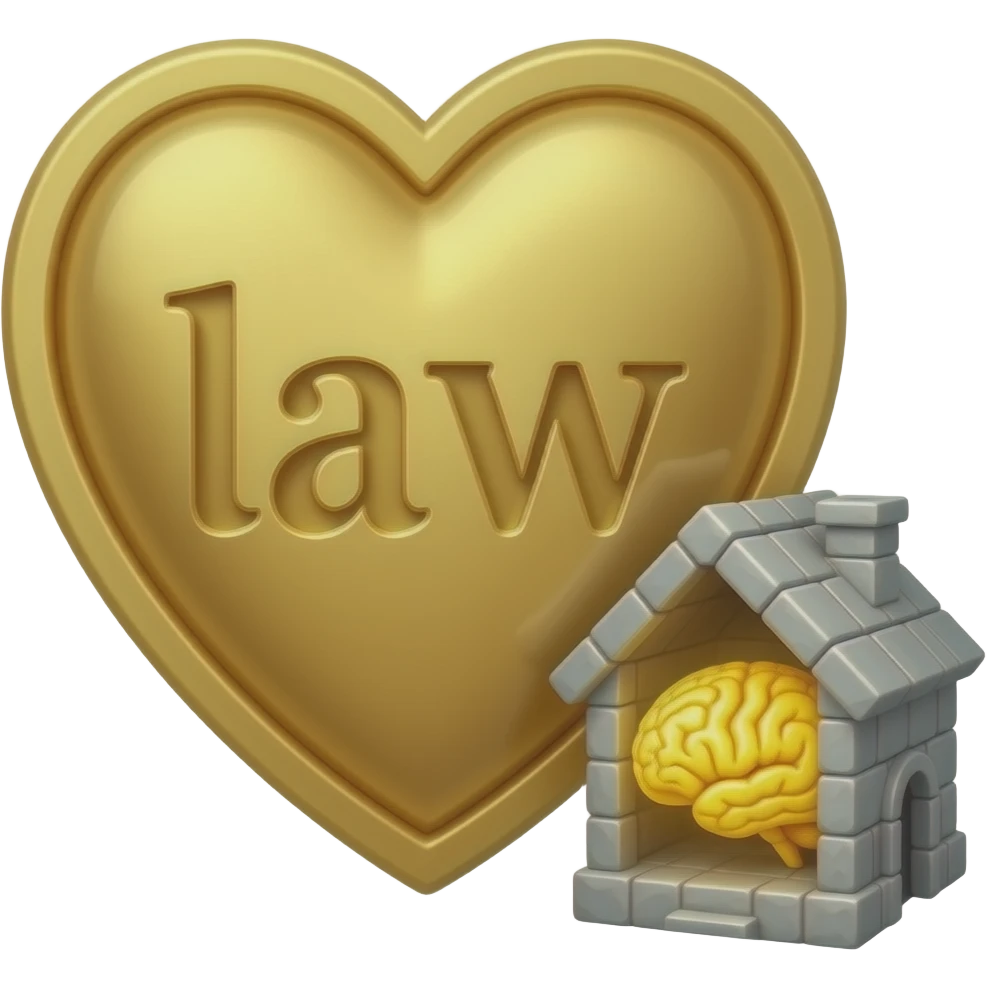 an inscribed heart with the words law on it and a brain inside of a house emoji
