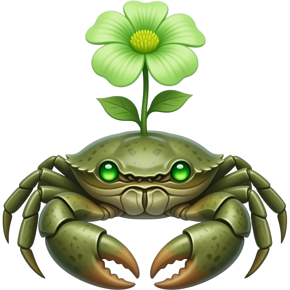 A green crab with a green  flower growing on its back on its back green eyes glowing eyes facing forward emoji