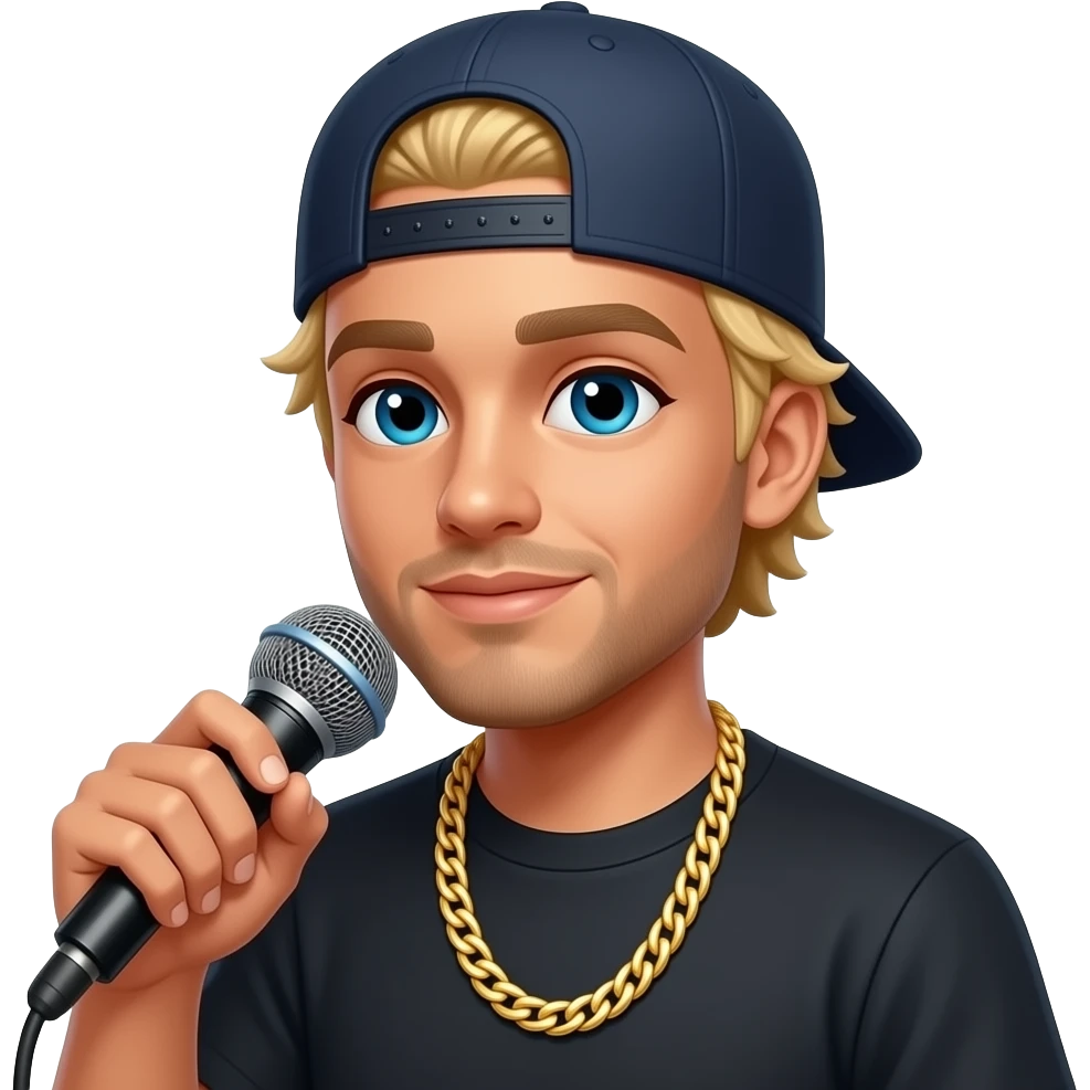 blond rapper holding a mic, wearing a cap and gold chain necklae emoji