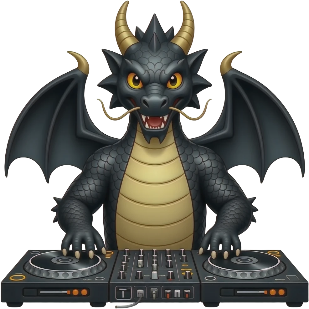 ancient Black dragon DJ, highly detailed, hyper real, DJ Deck, facing forward emoji