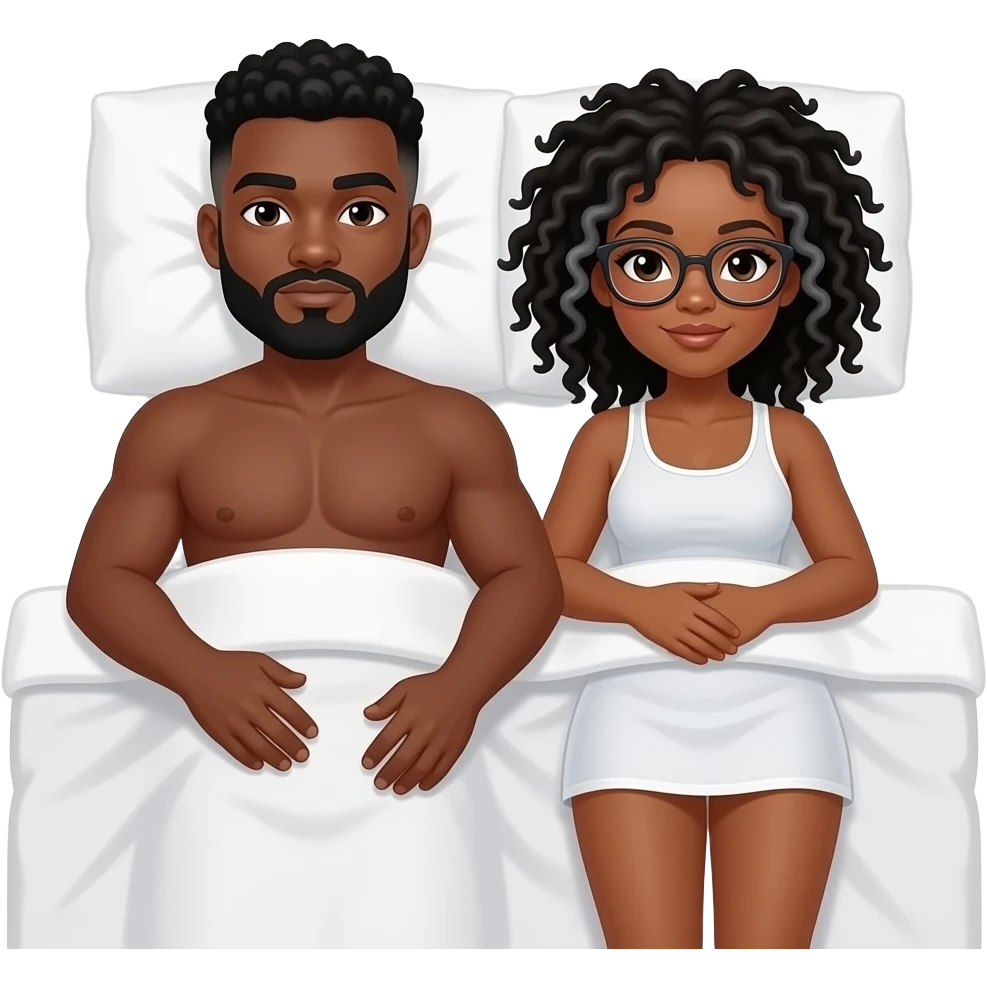 Black couple. Large man with low curly cut and beard with some gray on top of Black woman with black locs (with some gray) and glasses laying down in bed with legs open nude emoji