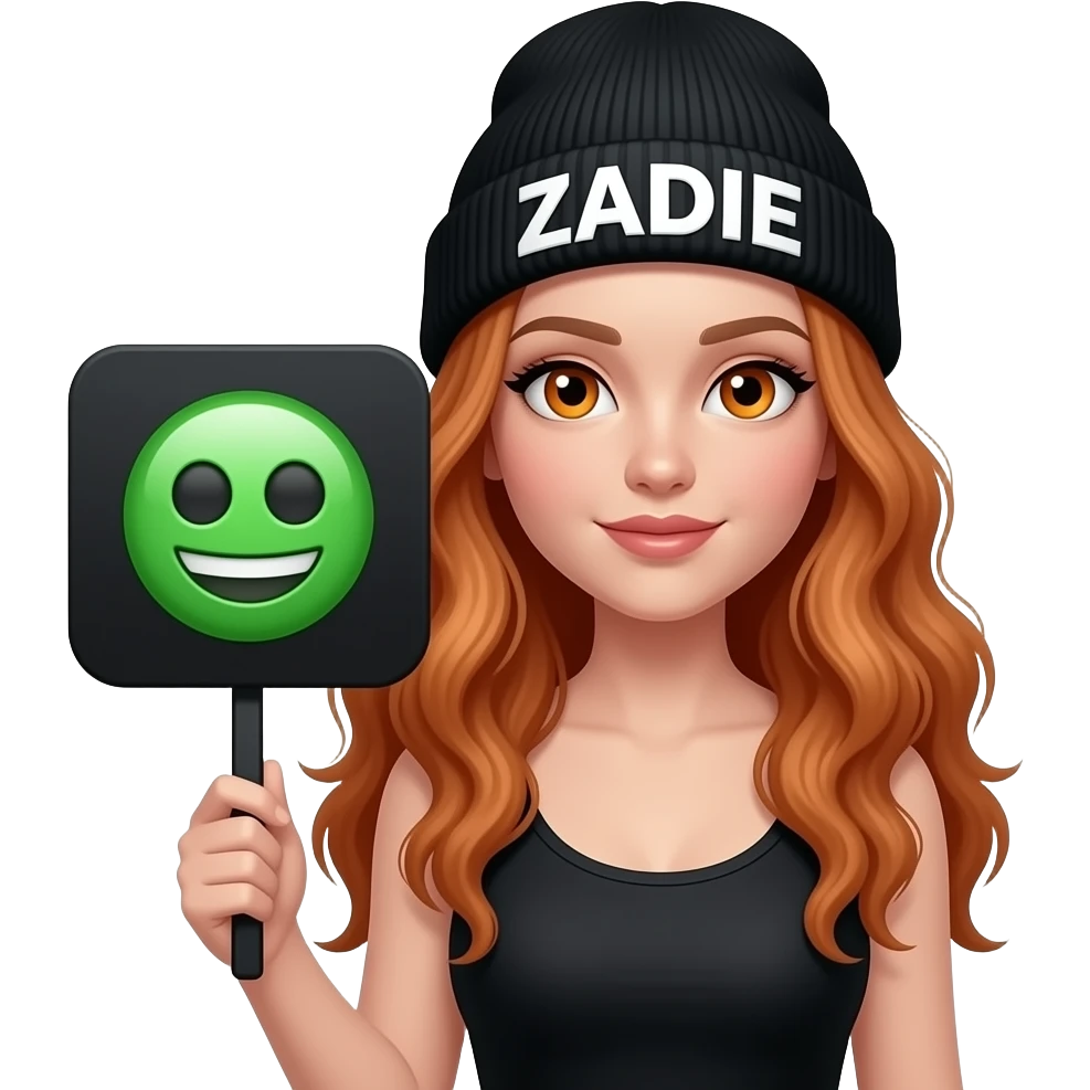 sexy girl with overlong wavy ginger hair and ginger eyes wearing a black tanktop and a black beanie with ZADIE written on it, is holding a black sign with 🆗 on it emoji