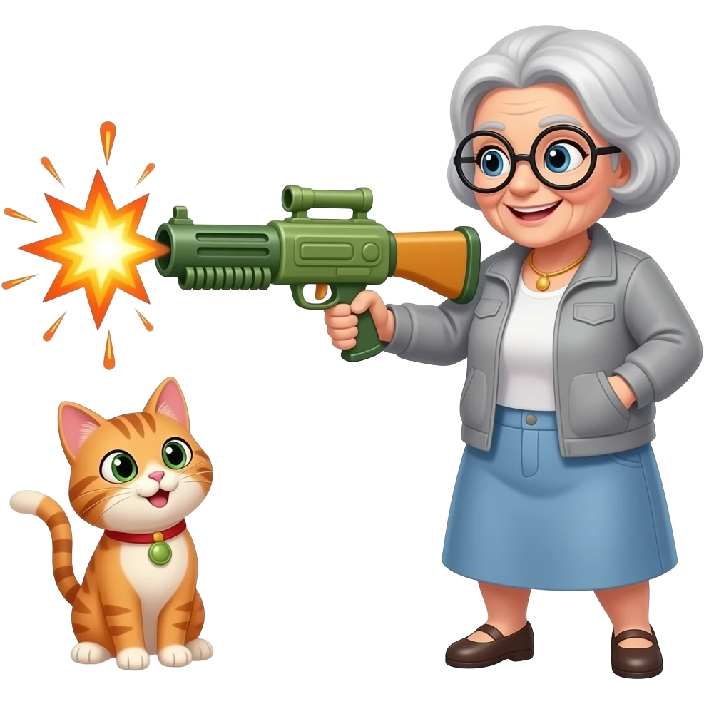 Sparky the cat with a bazooka hitting a gradma emoji | AI Emoji Generator