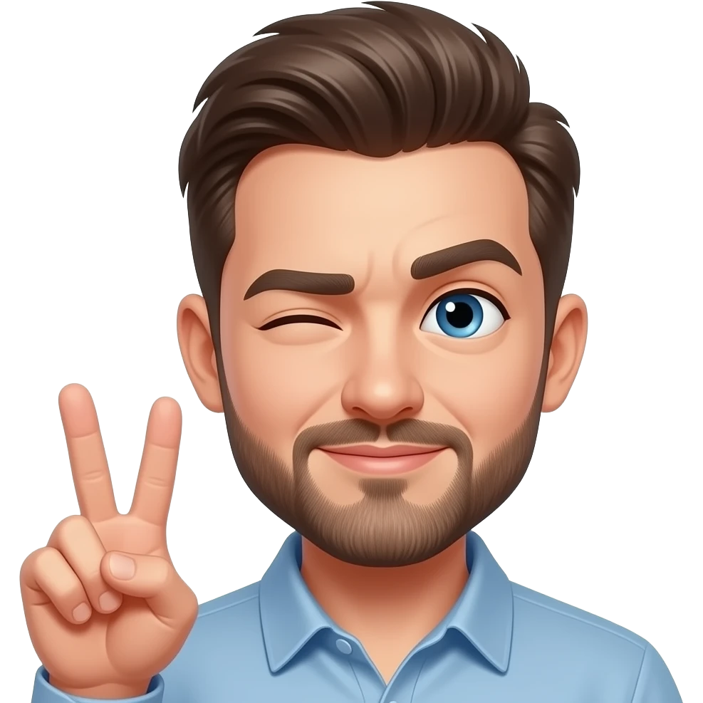 guy squinting and pointing his lips while making a peace sign with his fingers emoji