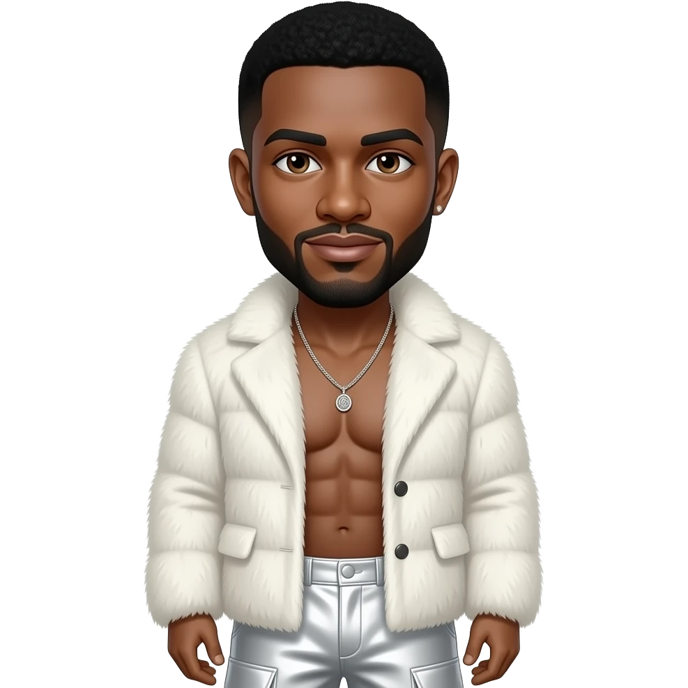 Howie Dorough with brown eyes, black hair and short beard, white fur coat, white metallic baggy pants, shirtless with necklace emoji
