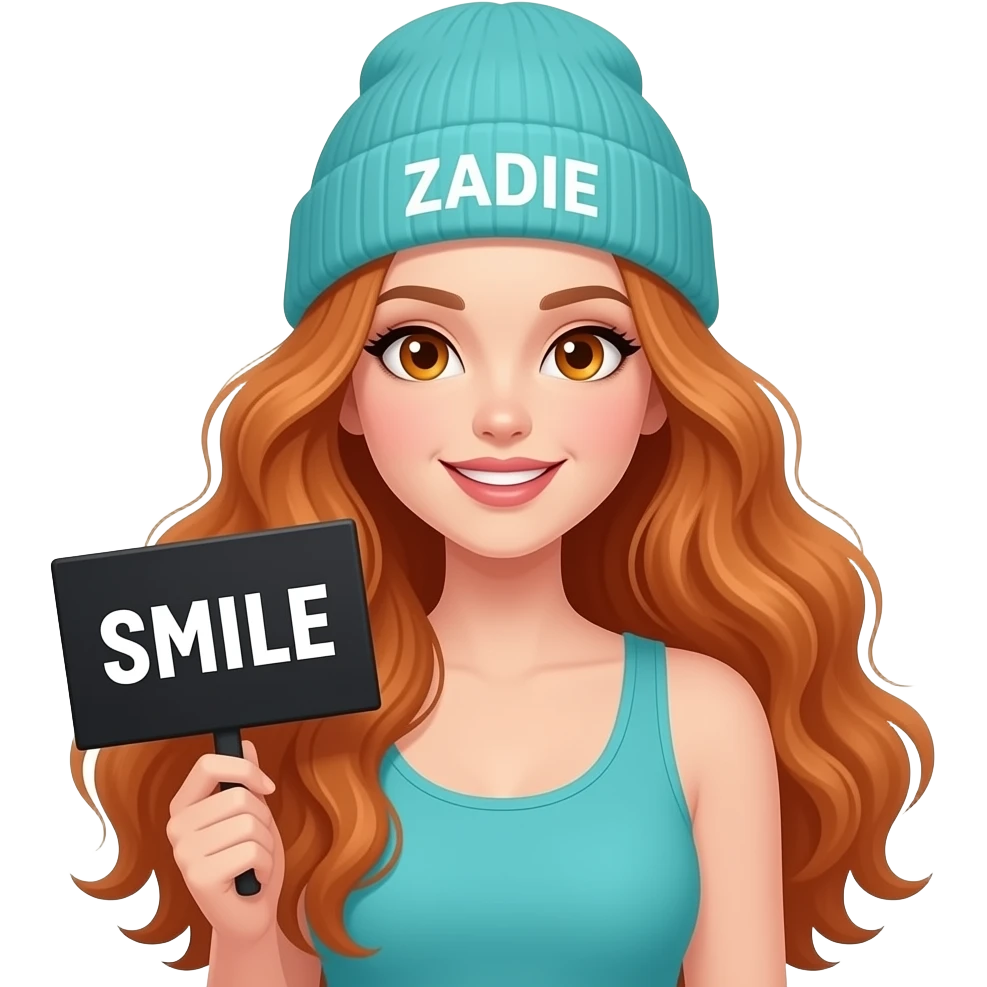 sexy girl with overlong wavy ginger hair and ginger eyes wearing a turquoise tanktop and a turquoise beanie with ZADIE written on it, is holding a black sign with SMILE written on it emoji