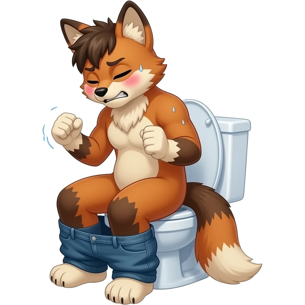 fursuit sitting on toilet, pants down, side view , both fists , uncomfortable, squeezing, straining, sweating, red cheeks, eyes closed emoji