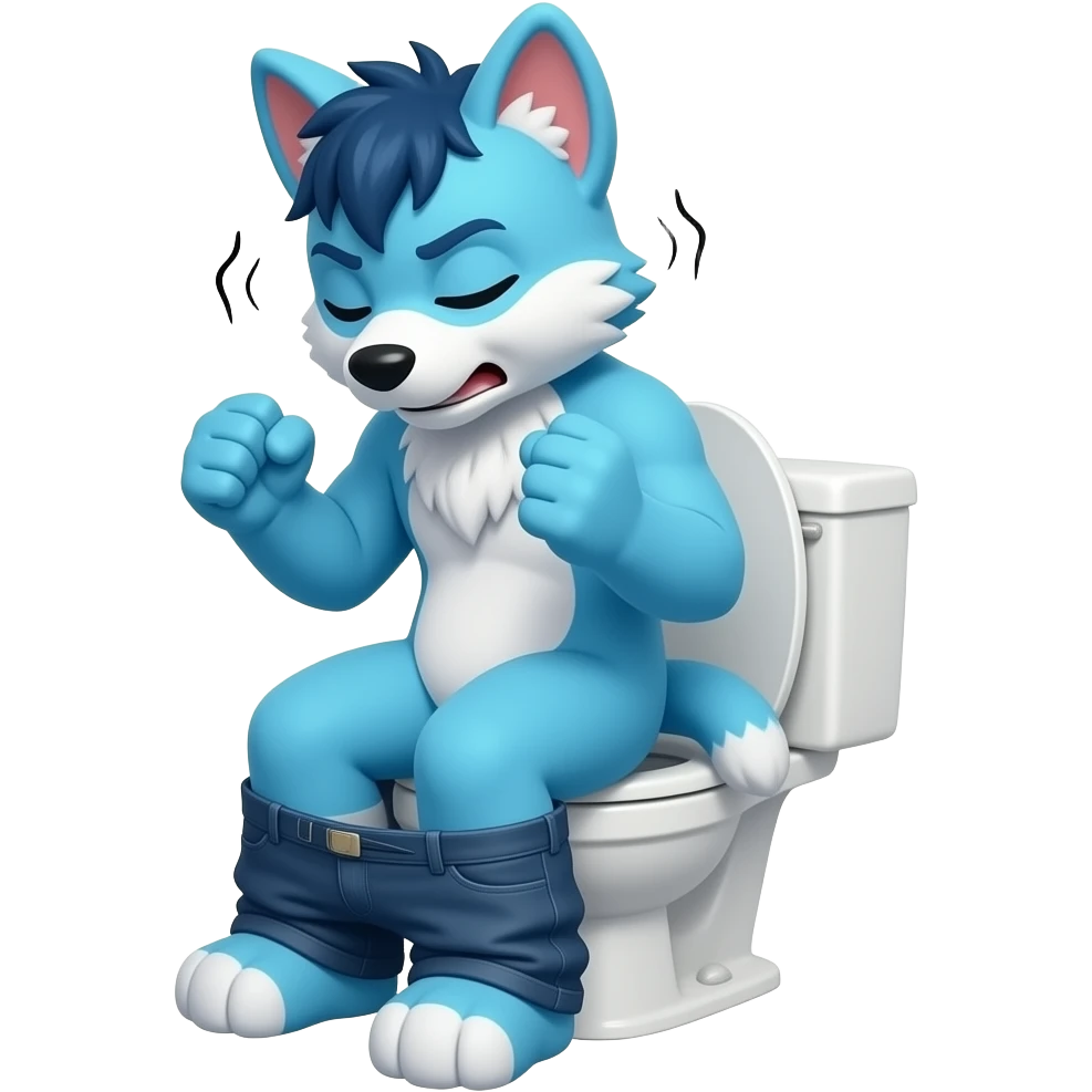 blue fursuit sitting on toilet, side view, pants down, straining face, eyes closed, pushing, squeezing, both fists emoji