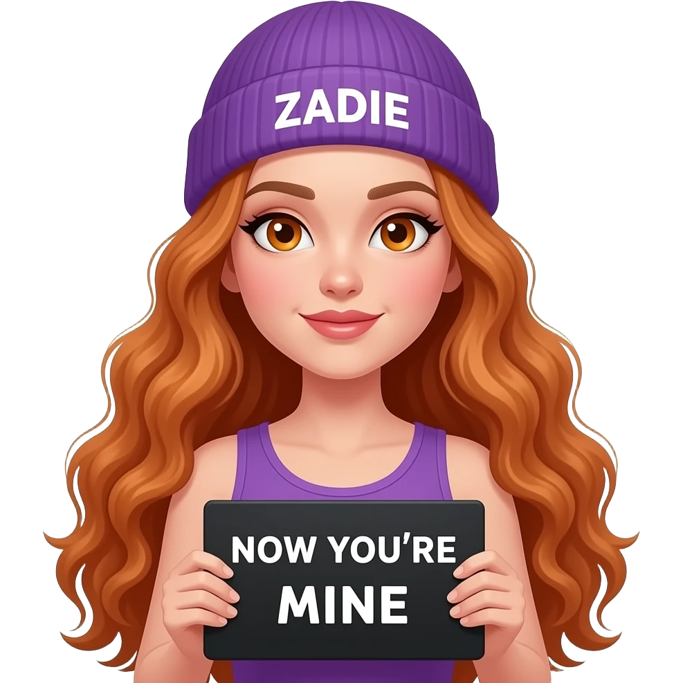 sexy girl with overlong wavy ginger hair and ginger eyes wearing a purple tanktop and a purple beanie with ZADIE written on it, is holding a black sign with NOW YOU'RE MINE written on it emoji