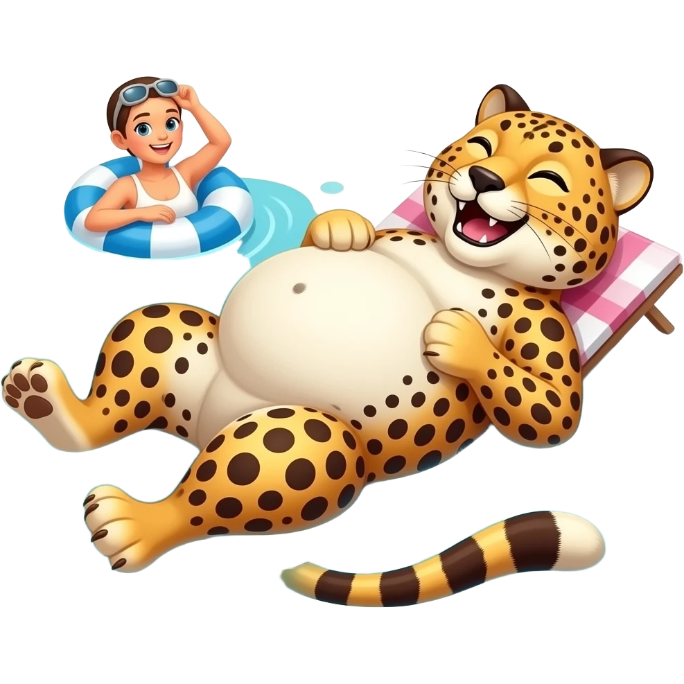 A cheetah enjoys beach holiday in her swimmers,but she is so full from a lunch break that she is about to burst,Then her fat Tummy rolls & drops out,she will just lay on her back in the shallow cool water,her gluttonous belly promotes a good resort business. emoji