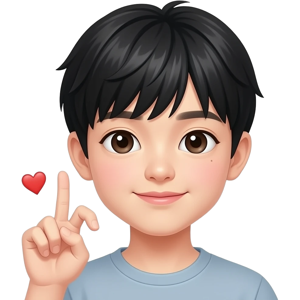 Cute Korean boy emoji based on the reference photo, soft black straight bangs, pale skin, small lips, gentle round eyes, subtle mole under right eye, making a finger heart pose near the face with one hand, glossy 3D Pixar-style render, realistic Korean idol vibe, face and hand only, emoji