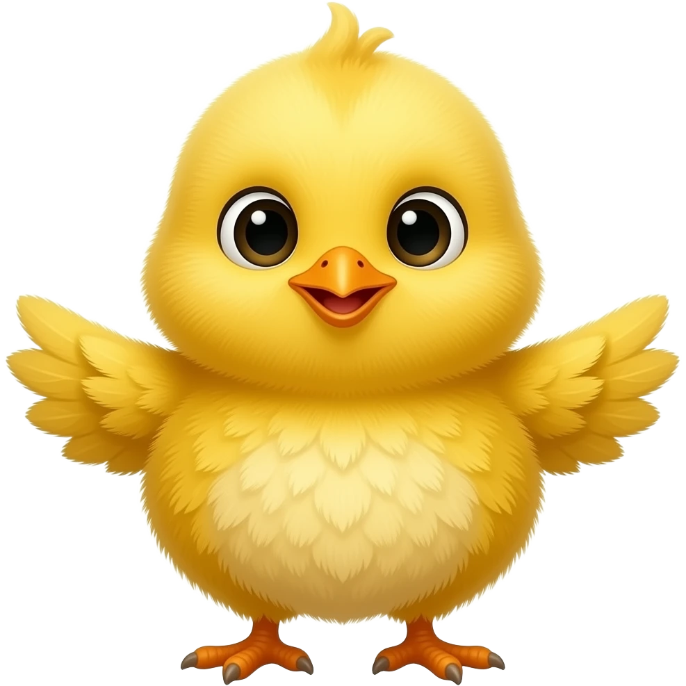 Cute yellow chick emoji, tiny round body, fluffy feathers, small orange beak, sparkling black eyes, cheerful expression, little wings spread out emoji