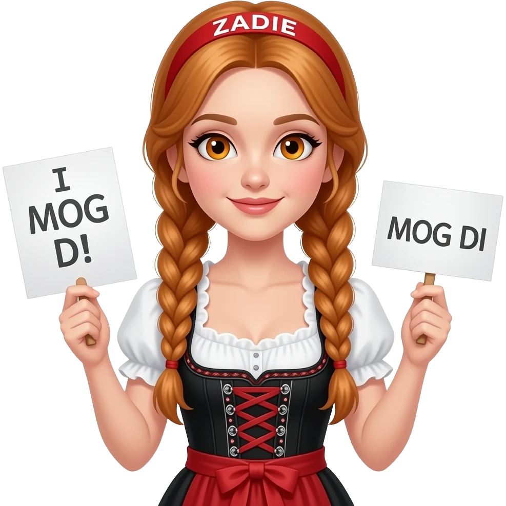 sexy girl with overlong ginger braids and ginger eyes wearing a black red dirndl and a red headband with ZADIE written on it, is holding a sign with I MOG DI written on it emoji