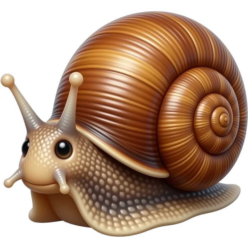 Realistic 3D emoji icon of a garden snail, close-up centered frontal view, highly detailed wet slimy texture of the body, smooth brown spiraled shell with natural stripes, realistic tiny tentacle eyes, macro photography style, photorealistic web asset, isolated on a solid white background emoji